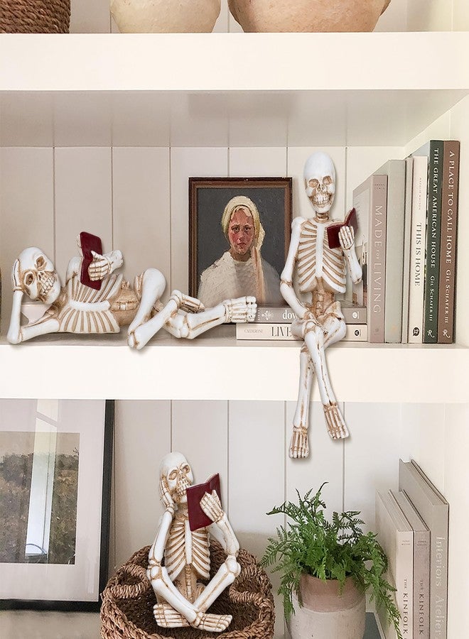 Dawbun 3 Piece Halloween Indoor Decor Figurines Sitting Skeleton Statue Halloween Decorations mini Reading Skull Figurine Home Decor for Living Room Table Shelf Ornament - Image 3
